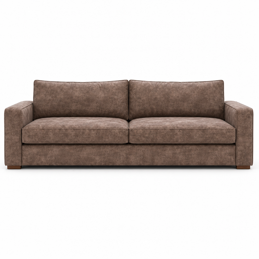 A two-seater sofa upholstered in textured brown fabric, shown from a front-facing perspective against a plain white background.