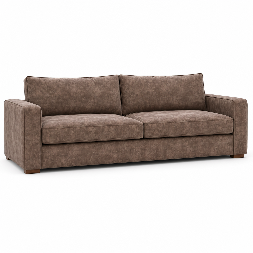 A two-seater upholstered loveseat sofa in a textured brown fabric, shown from a three-quarter angle against a plain white background.
