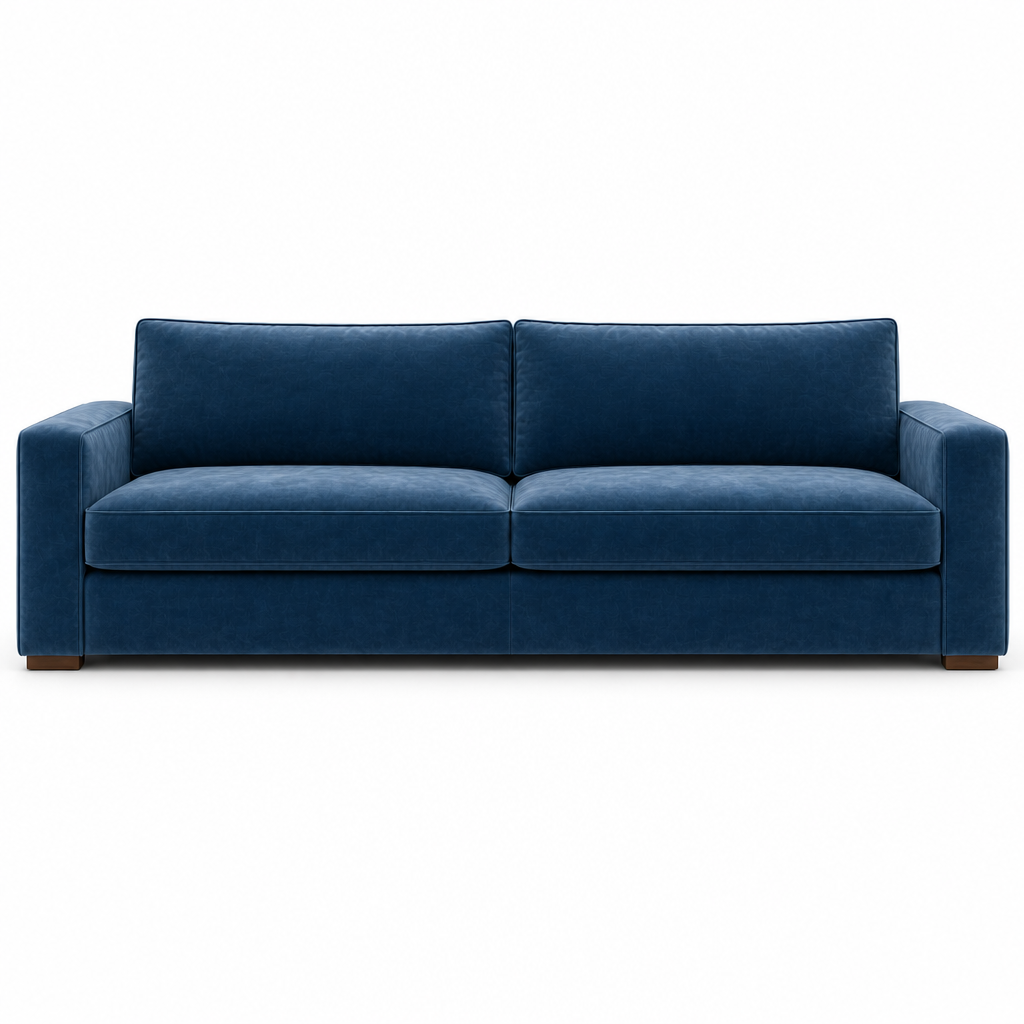 Blue velvet sofa on a white background