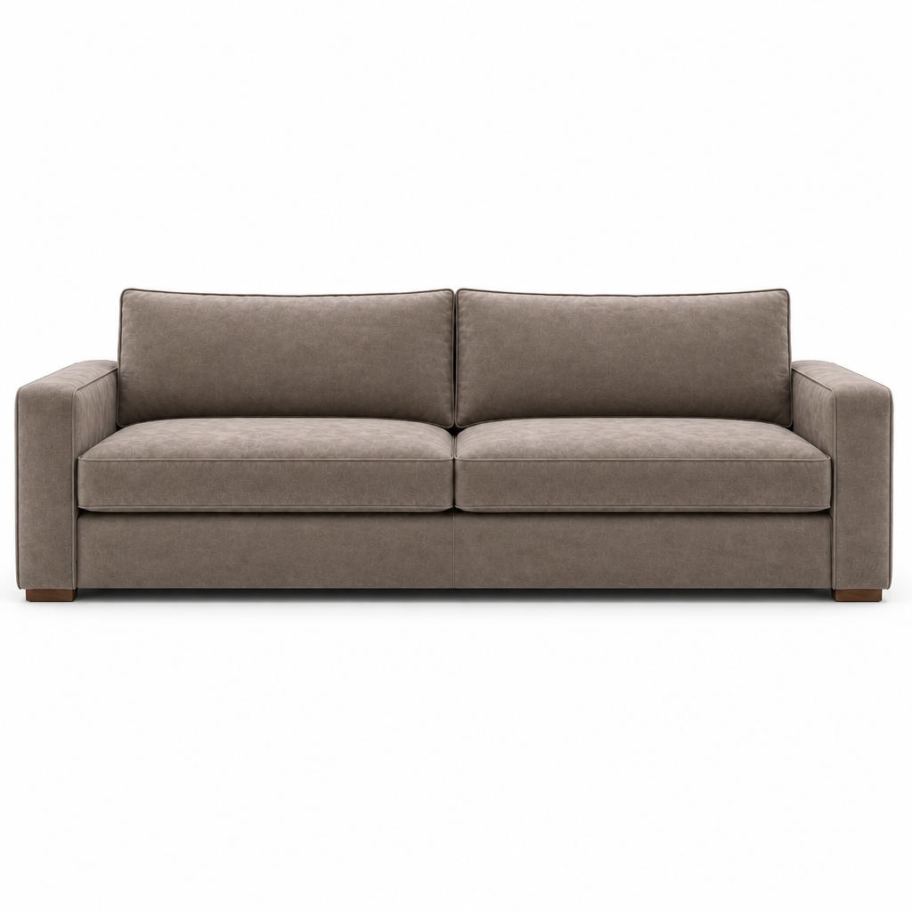 Grey velvet sofa on a white background