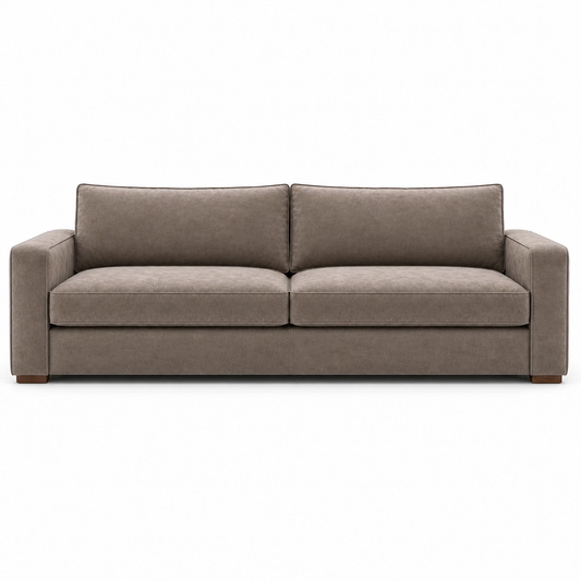 Grey velvet sofa on a white background