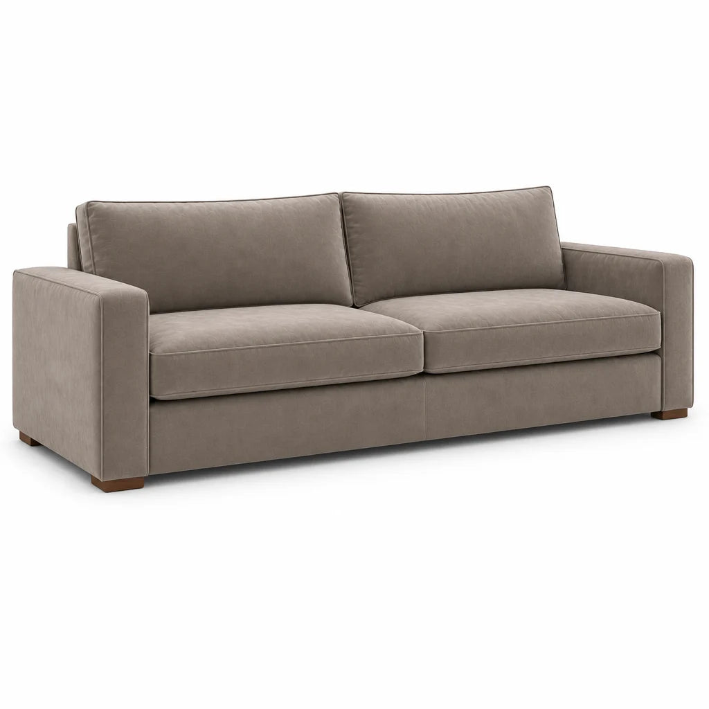 Grey velvet sofa on white background