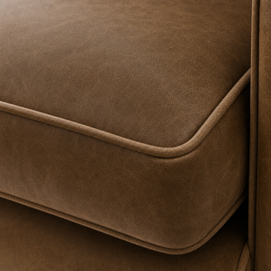 Close-up of a brown leather sofa corner