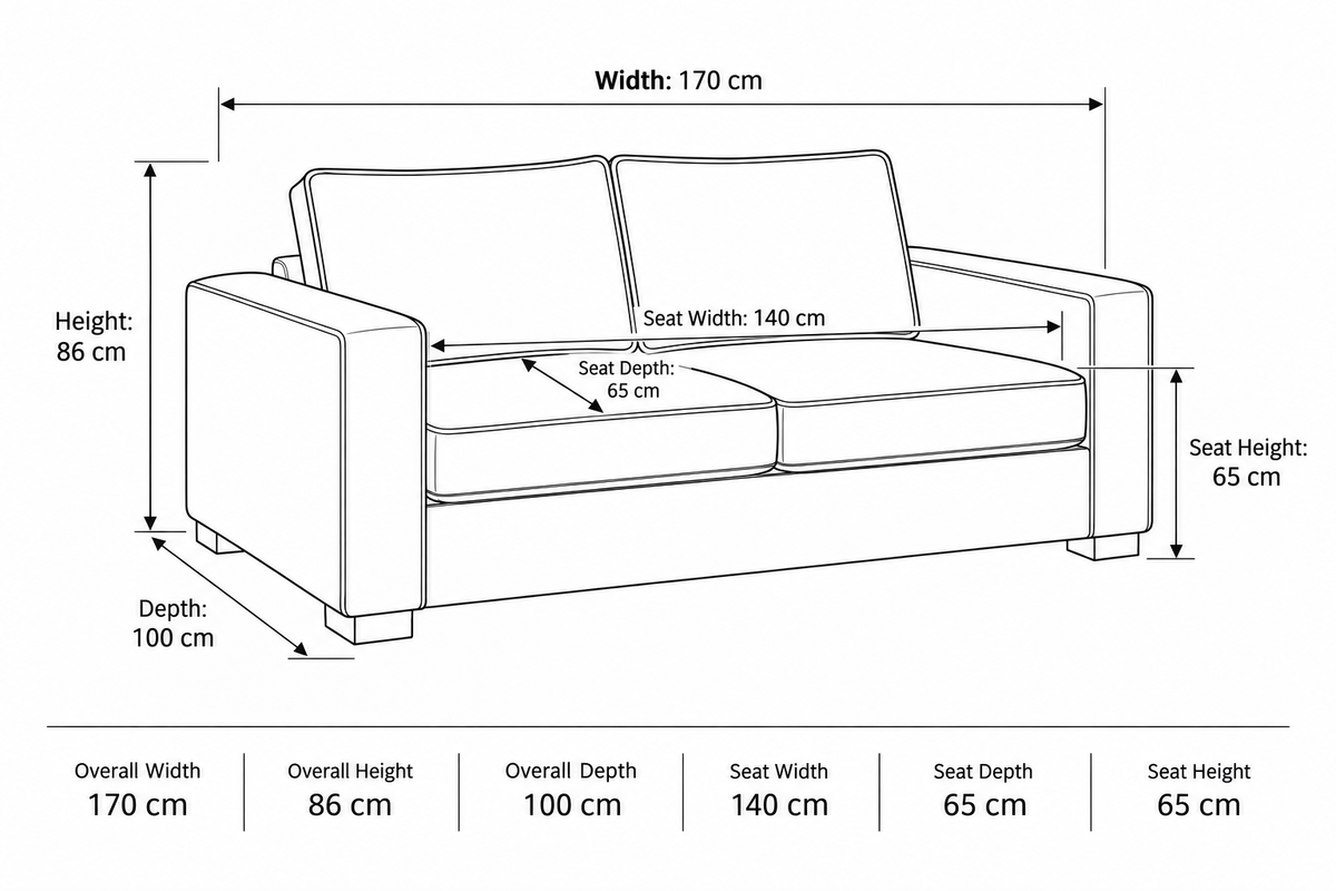 A black and white line drawing of a two-seater sofa with dimension labels and measurements for width, height, depth, seat width, seat depth, and seat height.