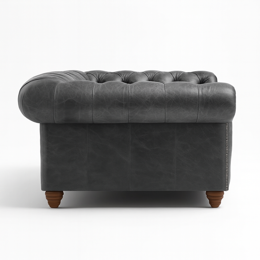 Cambridge sofa ash grey cracked wax leather close-up of arm and buttons