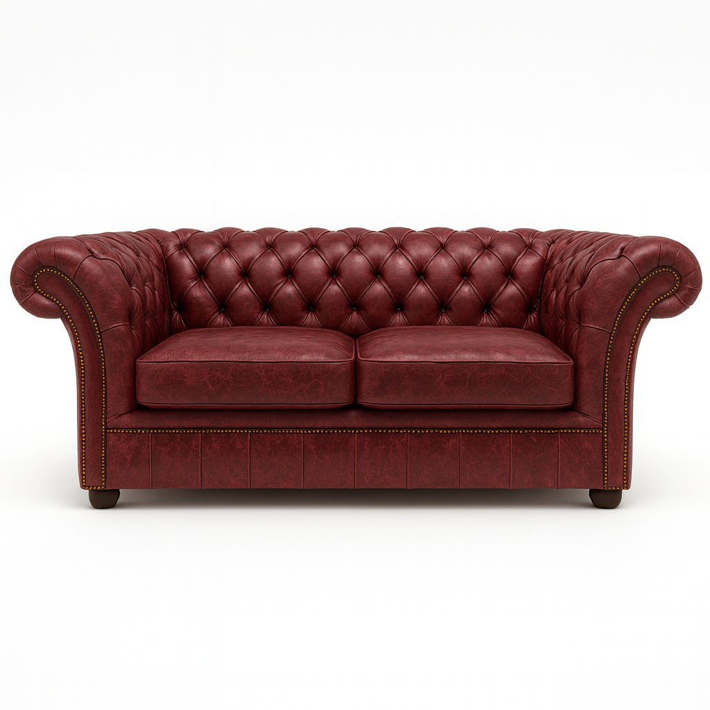 Red British leather chesterfield sofa with tufted backrest on a white background