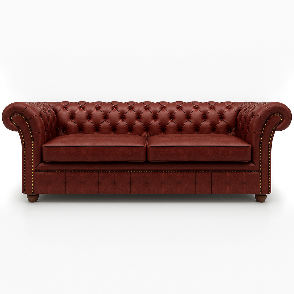 Red British leather british  sofa with tufted backrest on a white background