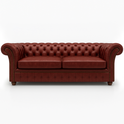 Red British leather british  sofa with tufted backrest on a white background