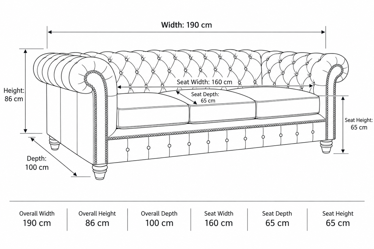 Black and white line drawing of a tufted sofa with dimension labels showing width, height, and depth measurements, plus a row of overall and seat measurements below.