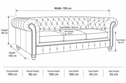 Black and white line drawing of a tufted sofa with dimension labels showing width, height, and depth measurements, plus a row of overall and seat measurements below.