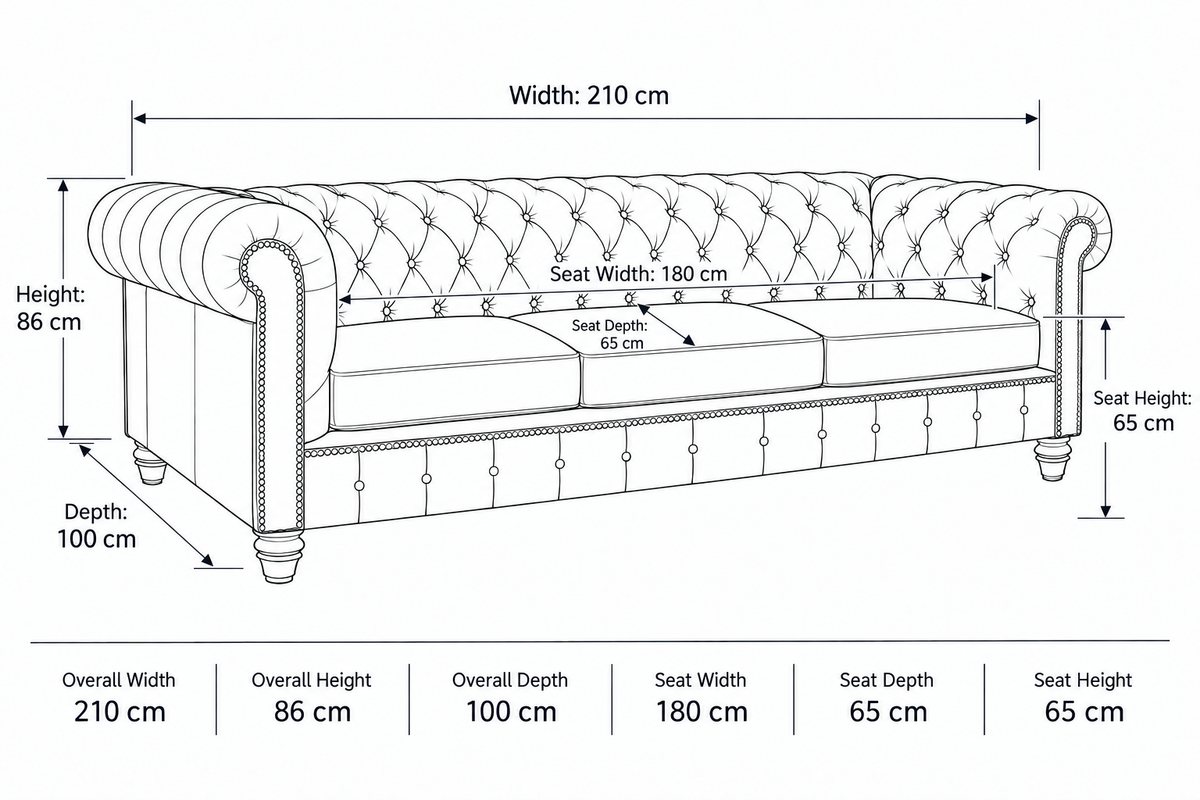 Black and white line drawing of a tufted sofa with dimension labels showing overall width, height, depth, seat width, and seat height measurements.