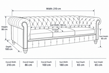 Black and white line drawing of a tufted sofa with dimension labels showing overall width, height, depth, seat width, and seat height measurements.