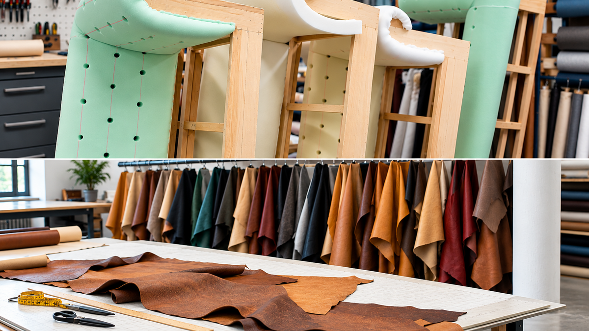 A workshop scene showing upholstered wooden chair frames in mint green and natural wood, with a row of hanging fabric swatches in many colors behind them and leather material laid out on a worktable in the foreground.
