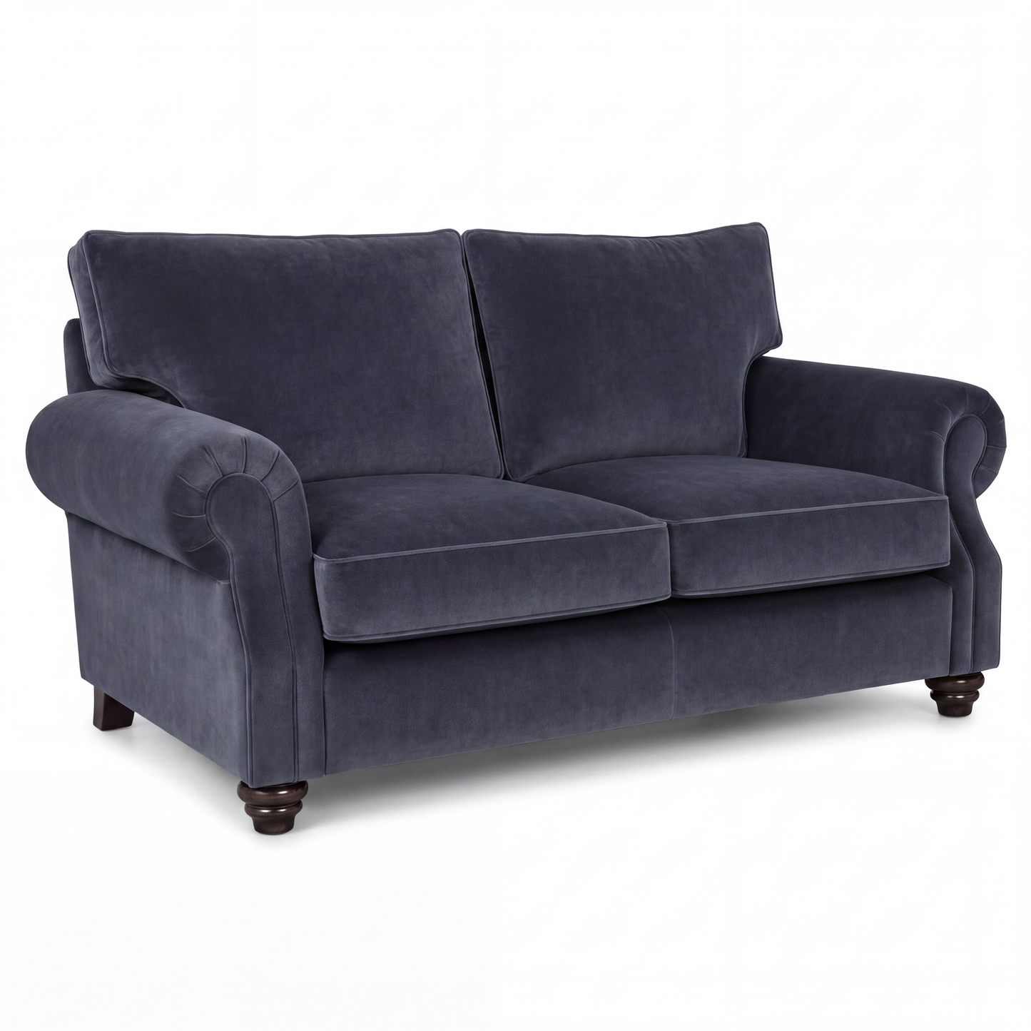 A navy blue velvet loveseat sofa with rolled arms, two back cushions, two seat cushions, and dark wooden turned legs, shown on a plain white background.