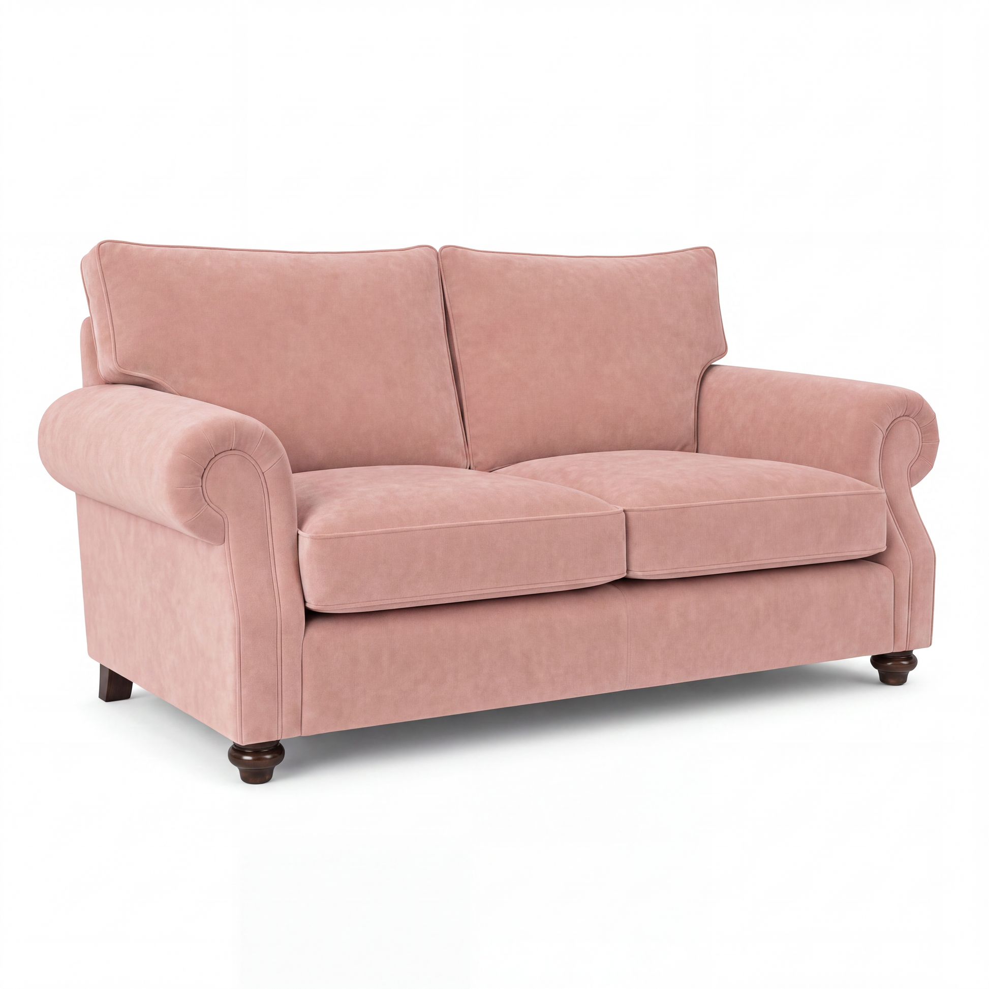 A classic two-seater loveseat sofa upholstered in dusty rose pink velvet, featuring rolled arms, two back cushions, two seat cushions, and dark brown wooden legs, shown on a plain white background.