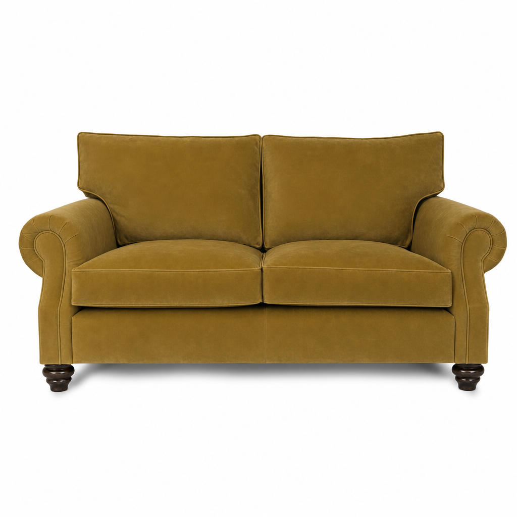 A classic two-seater loveseat sofa upholstered in a textured mustard yellow velvet fabric, featuring rolled arms, dark wooden turned legs, and a clean white background.