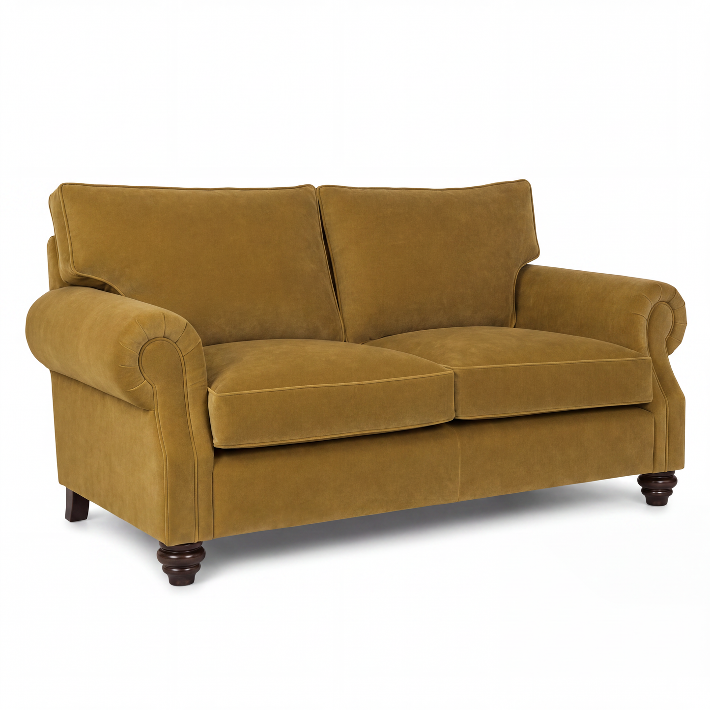 A classic two-seater loveseat sofa upholstered in a textured mustard yellow velvet fabric, featuring rolled arms, dark brown turned wood legs, and a clean studio background.