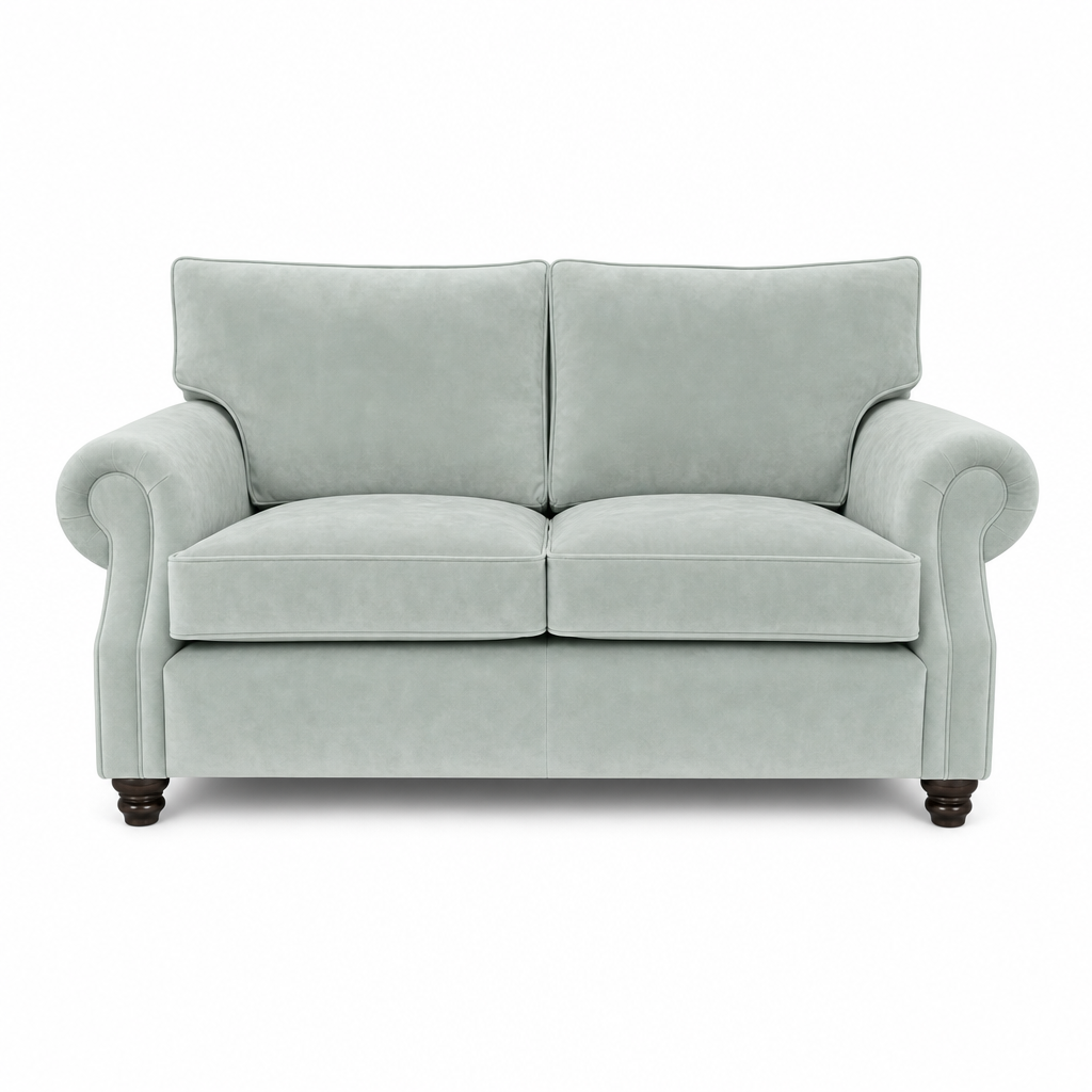 A classic two-seater loveseat sofa upholstered in a light sage green velvet fabric, featuring rolled arms, dark wooden feet, and a clean silhouette on a white background.