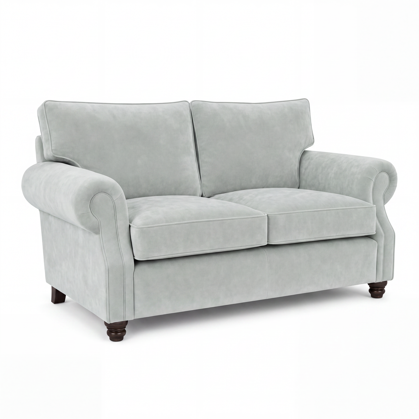 A light gray upholstered loveseat with rolled arms, two back cushions, two seat cushions, and dark wooden legs, shown on a plain white background.