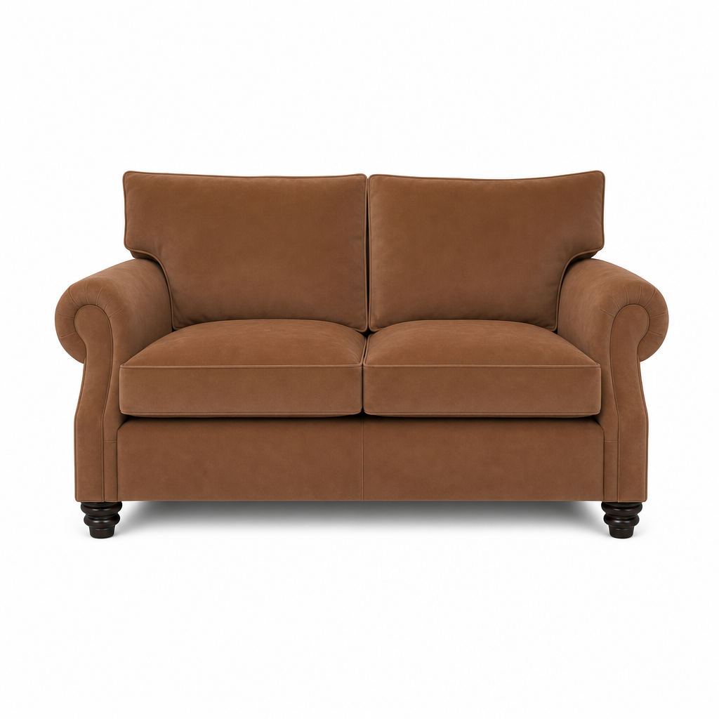 A classic two-seater loveseat sofa upholstered in a warm brown velvet fabric, featuring rolled arms, dark turned wooden legs, and a clean silhouette, shown against a plain white background.