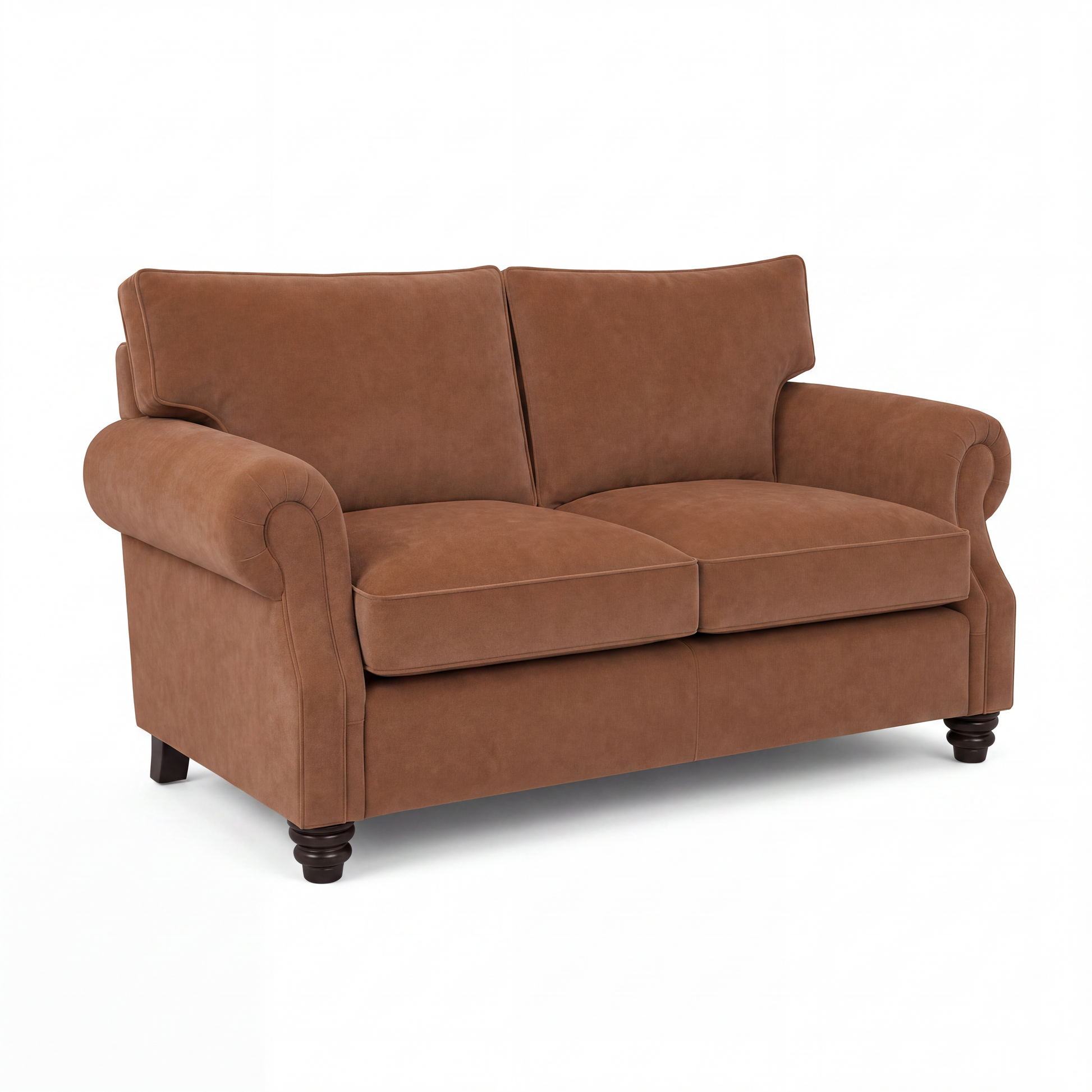 A classic two-seater loveseat sofa upholstered in a warm brown velvet fabric, featuring rolled arms, two back cushions, and dark turned wooden legs, shown against a plain white background.