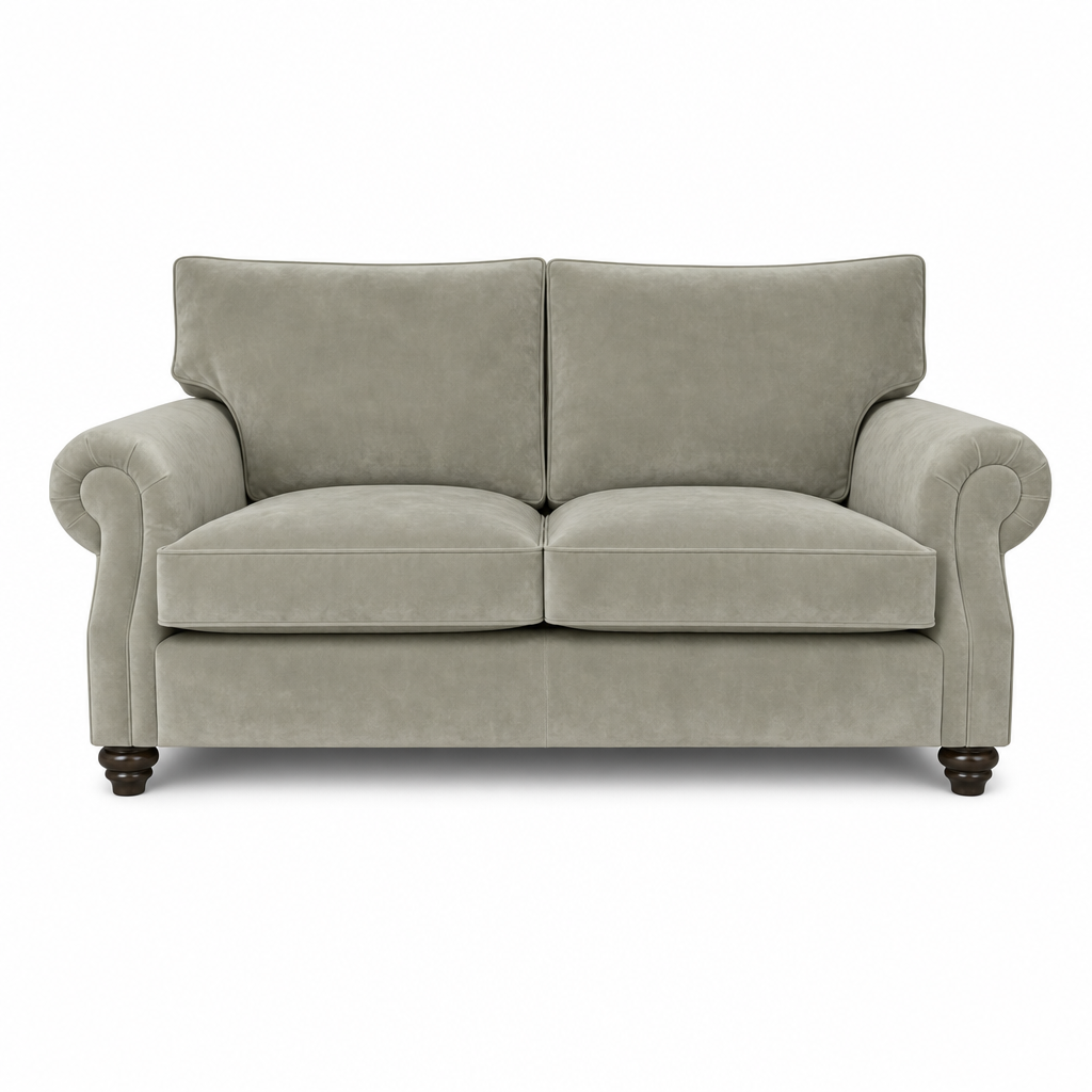 A classic two-seater loveseat sofa upholstered in a textured light gray fabric, featuring rolled arms, two back cushions, two seat cushions, and dark turned wooden legs, shown against a plain white background.