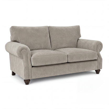 A classic two-seater loveseat sofa upholstered in a textured taupe fabric, featuring rolled arms, dark brown wooden legs, and a clean silhouette on a white background.