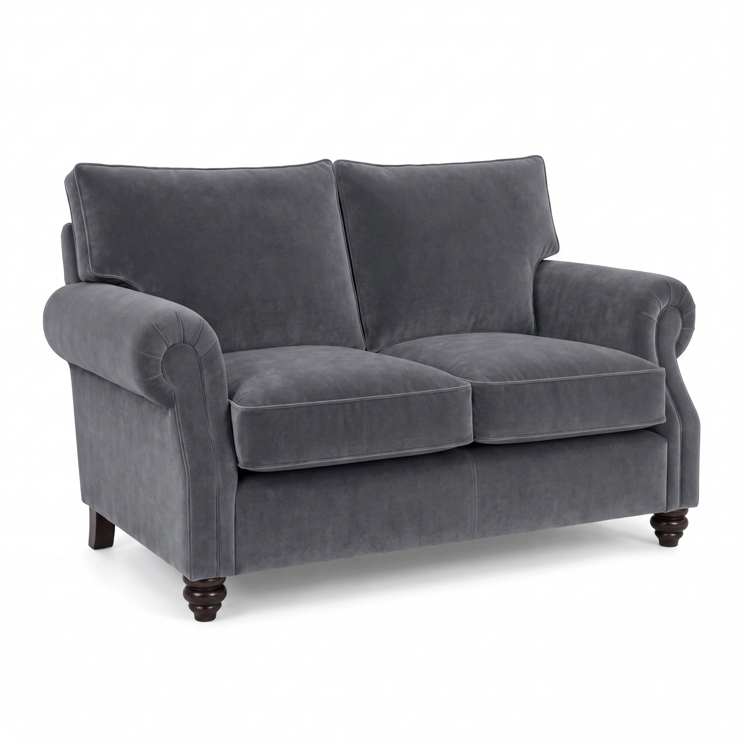 A dark gray velvet loveseat with rolled arms, two back cushions, two seat cushions, and dark wooden turned legs, shown on a plain white background.