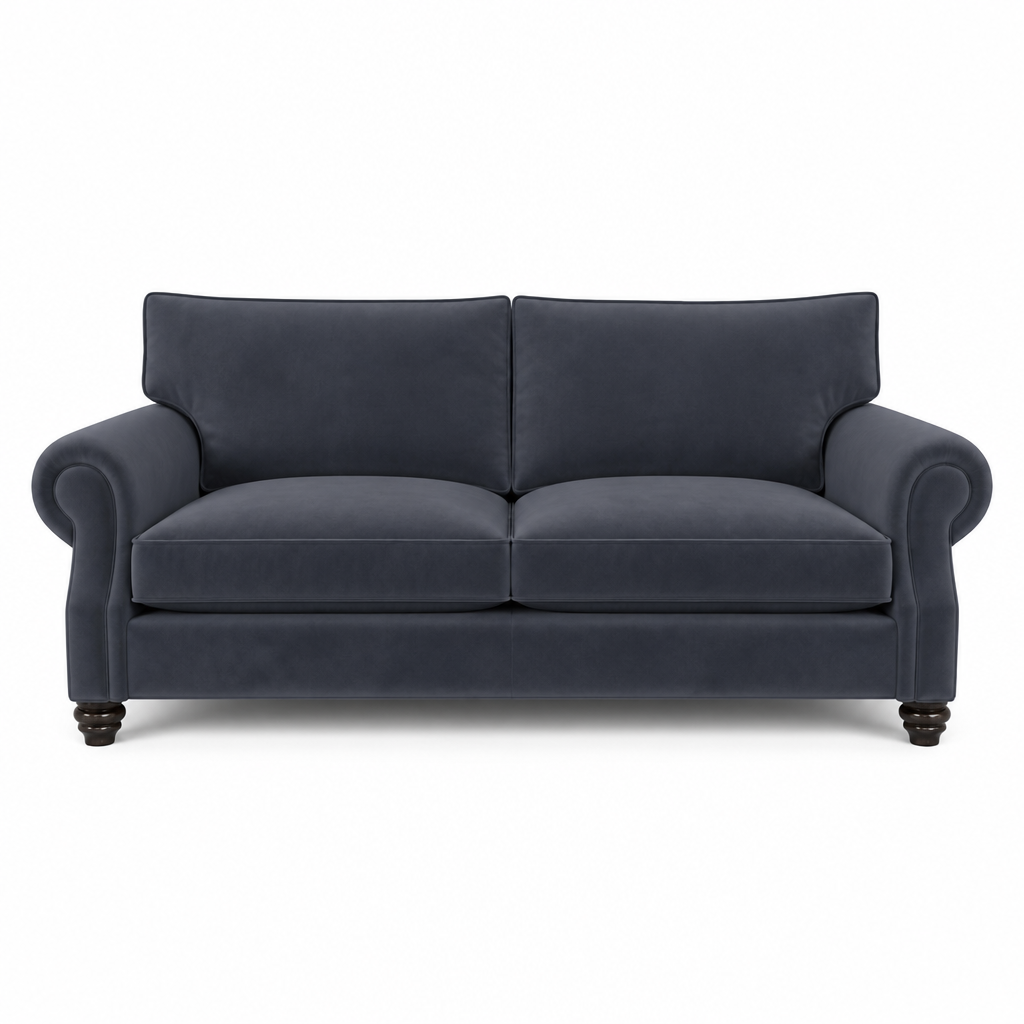 A classic two-seater loveseat sofa upholstered in dark navy blue velvet fabric, featuring rolled arms, a high back, and dark wooden legs, shown against a plain white background.