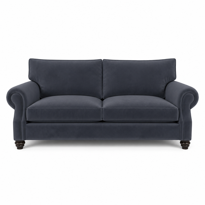 A classic two-seater loveseat sofa upholstered in dark navy blue velvet fabric, featuring rolled arms, a high back, and dark wooden legs, shown against a plain white background.