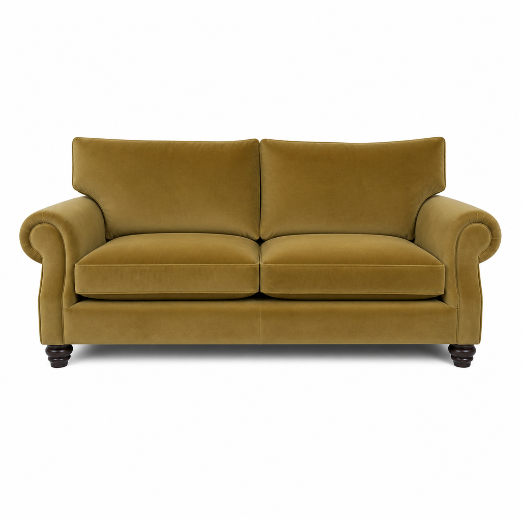 An olive green velvet loveseat sofa with rolled arms and dark wooden feet, shown from a front-facing perspective on a white background.