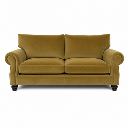 An olive green velvet loveseat sofa with rolled arms and dark wooden feet, shown from a front-facing perspective on a white background.