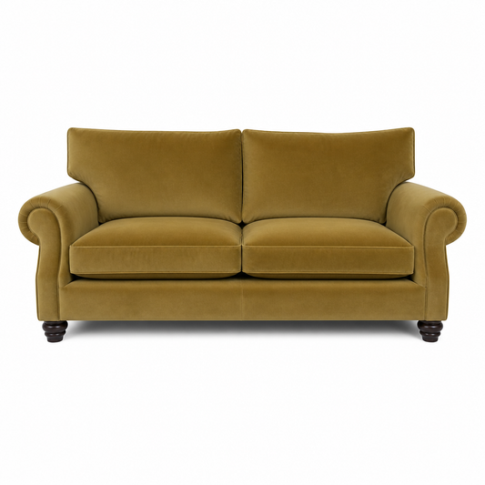 An olive green velvet loveseat sofa with rolled arms and dark wooden feet, shown from a front-facing perspective on a white background.