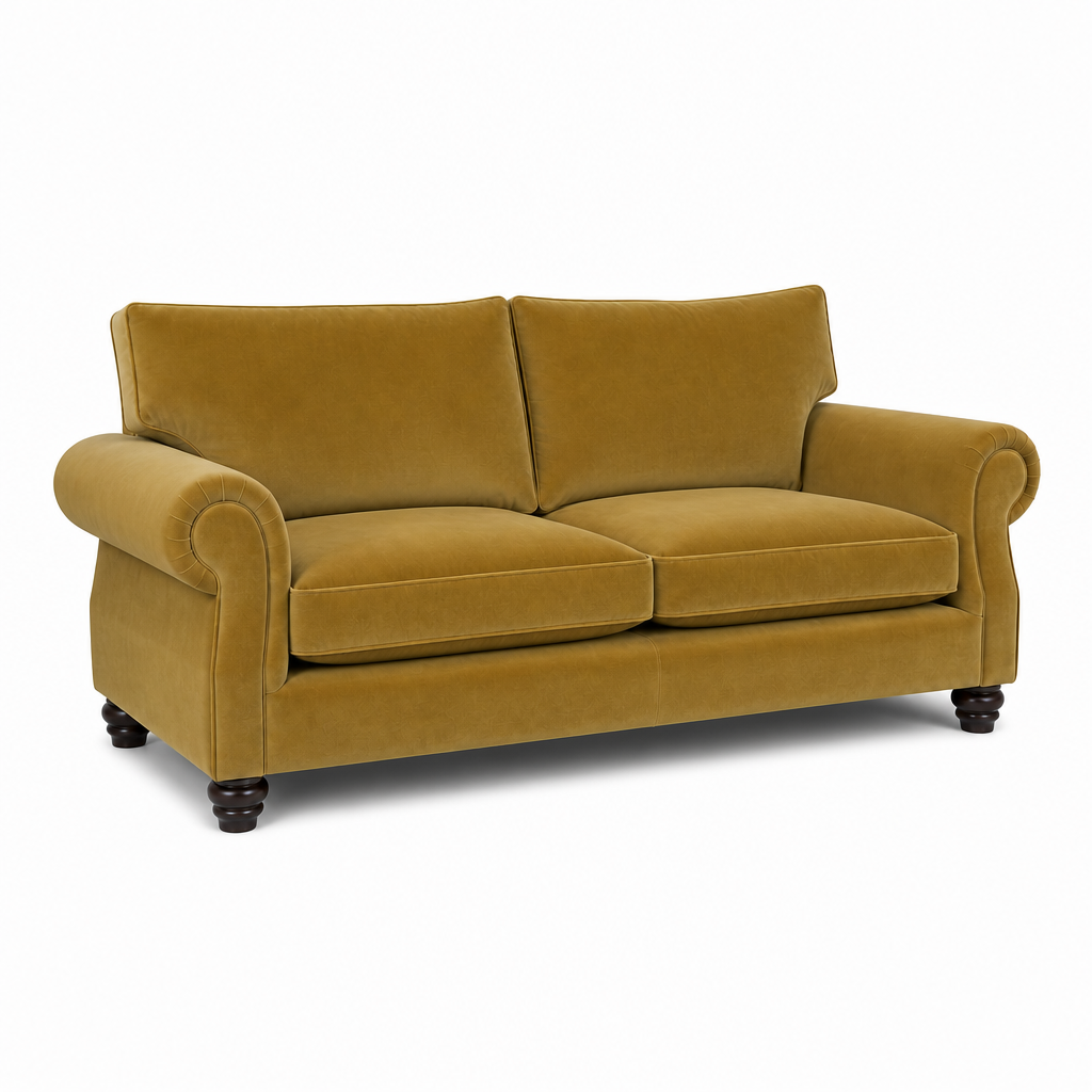 A classic two-seater loveseat sofa upholstered in a rich mustard yellow velvet fabric, featuring rolled arms, dark wooden turned legs, and a clean silhouette, shown against a plain white background.