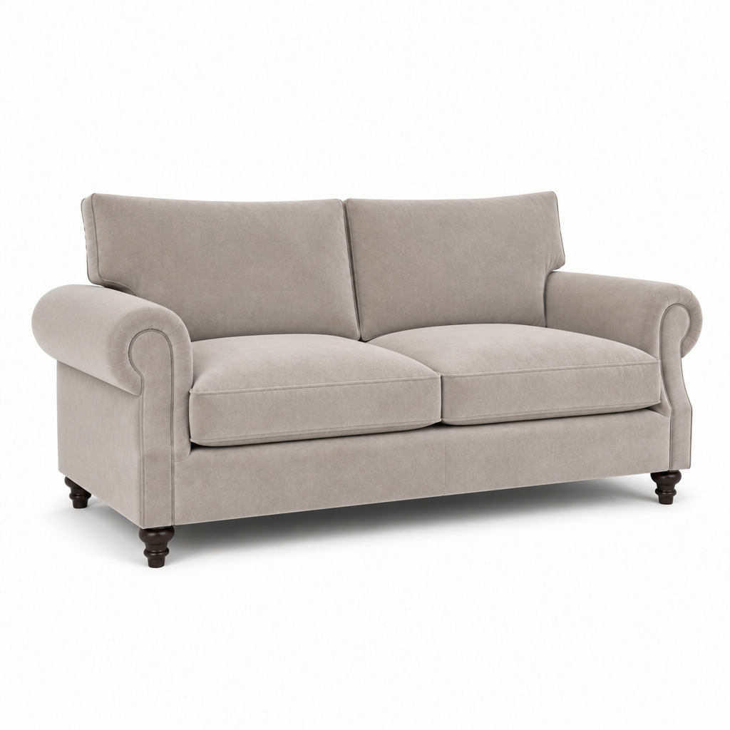 A classic two-seater loveseat sofa upholstered in a textured light beige fabric, featuring rolled arms, dark wooden turned legs, and a clean silhouette on a white background.