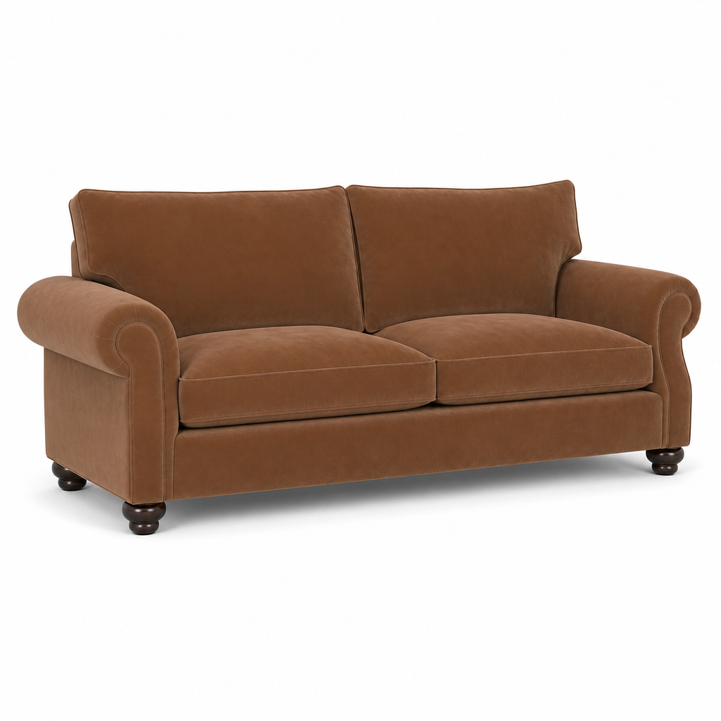 A classic two-seater loveseat sofa upholstered in a warm brown velvet fabric, featuring rolled arms, dark wooden legs, and a clean silhouette on a white background.