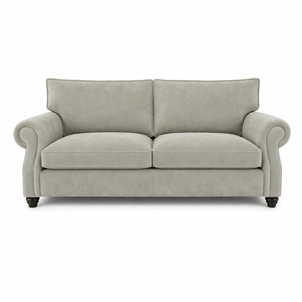 A classic two-seater loveseat sofa upholstered in a light gray textured fabric, featuring rolled arms, two back cushions, two seat cushions, and dark wooden legs, shown against a plain white background.