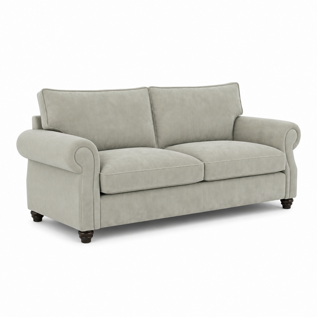 A light gray upholstered loveseat with rolled arms, two back cushions, two seat cushions, and dark wooden legs, shown on a plain white background.