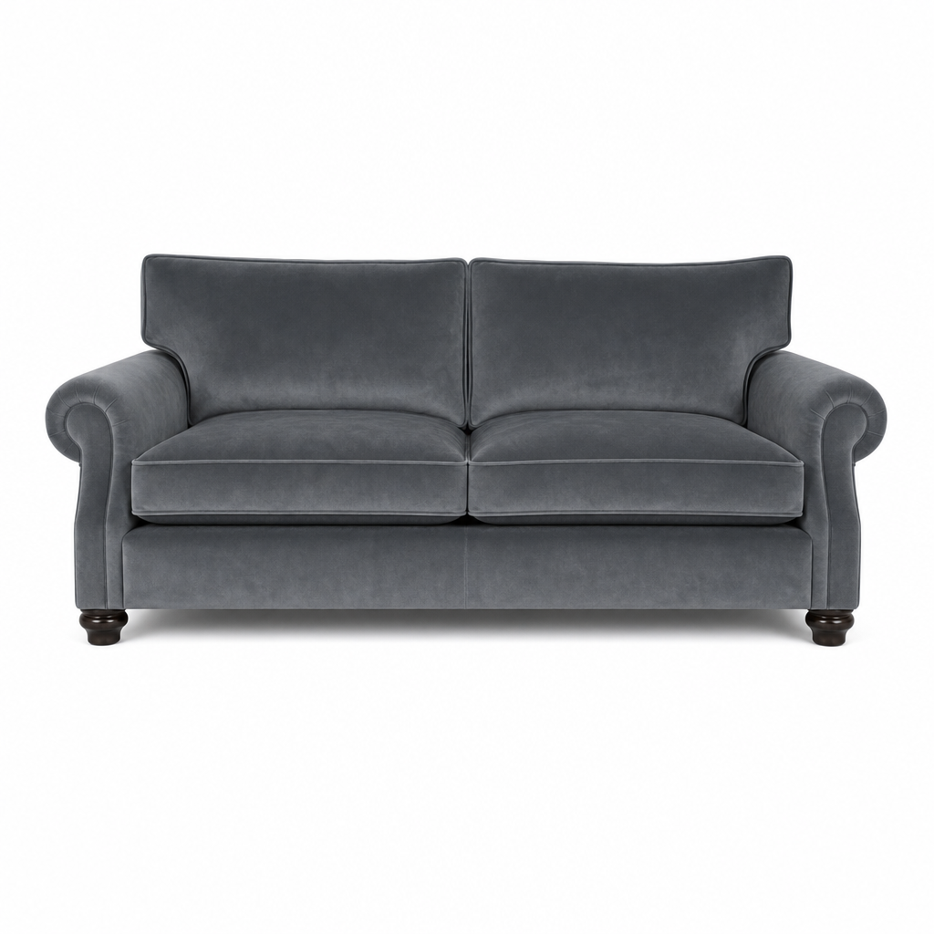 A classic two-seater loveseat sofa upholstered in dark gray velvet fabric, featuring rolled arms, a high back, and dark wooden legs, shown against a plain white background.