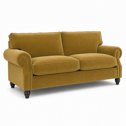 A two-seater loveseat sofa upholstered in a textured mustard yellow velvet fabric, featuring dark turned wood legs, shown on a plain white background.