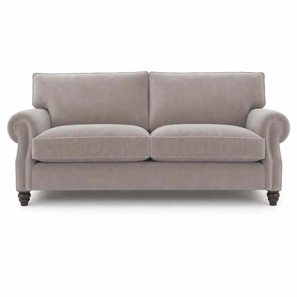 A classic two-seater loveseat sofa upholstered in a textured light gray fabric, featuring rolled arms, two back cushions, two seat cushions, and dark turned wooden legs, shown against a plain white background.