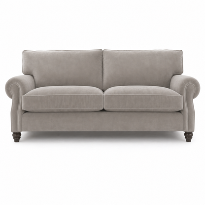 A classic two-seater loveseat sofa upholstered in a textured light gray fabric, featuring rolled arms, two back cushions, two seat cushions, and dark turned wooden legs, shown against a plain white background.