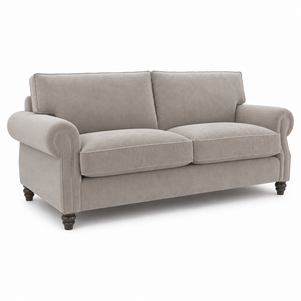 A two-seater loveseat sofa upholstered in a textured light gray fabric, featuring dark brown turned wooden legs, shown against a plain white background.
