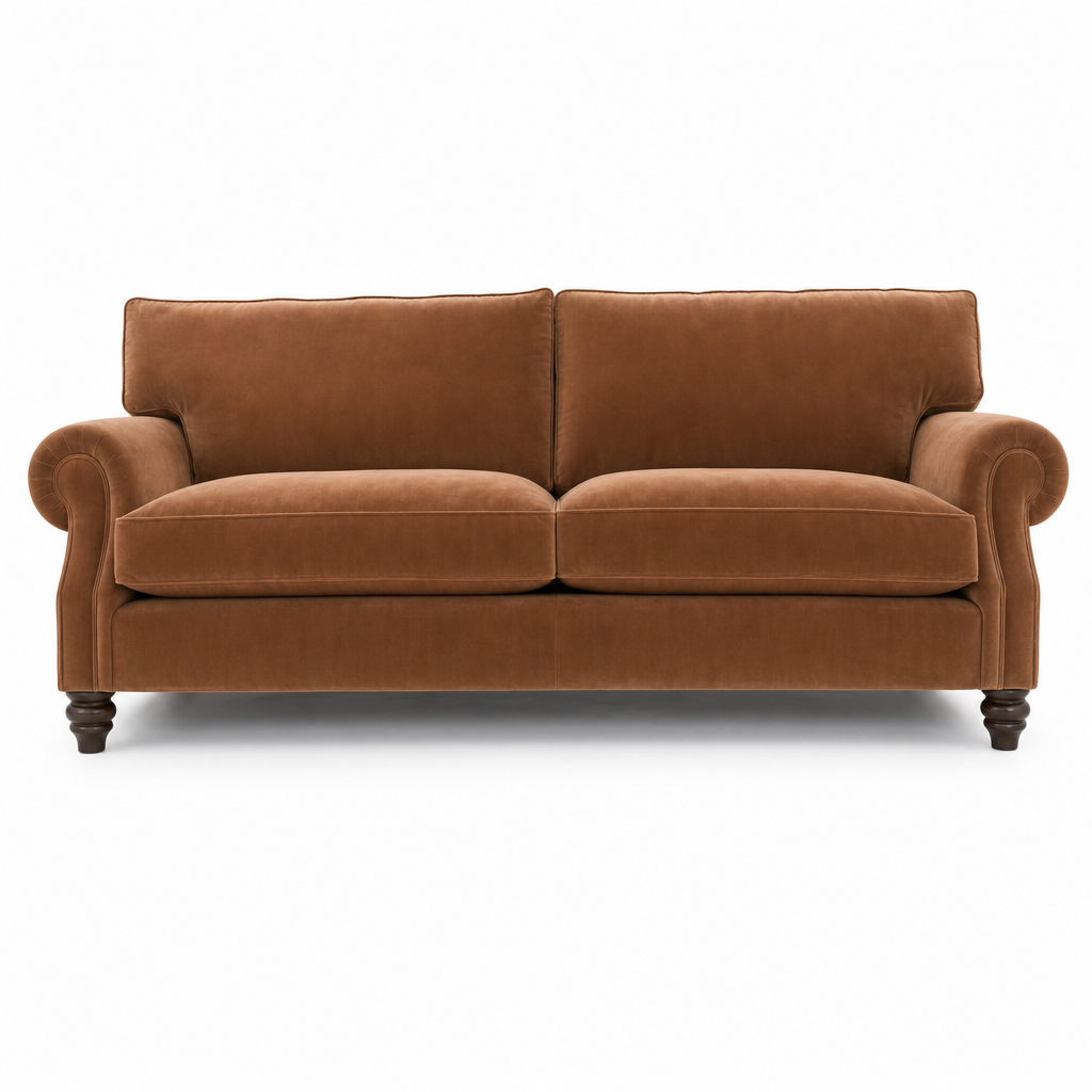 A classic two-seater loveseat sofa upholstered in a warm brown velvet fabric, featuring rolled arms, dark turned wooden legs, and a clean silhouette on a white background.