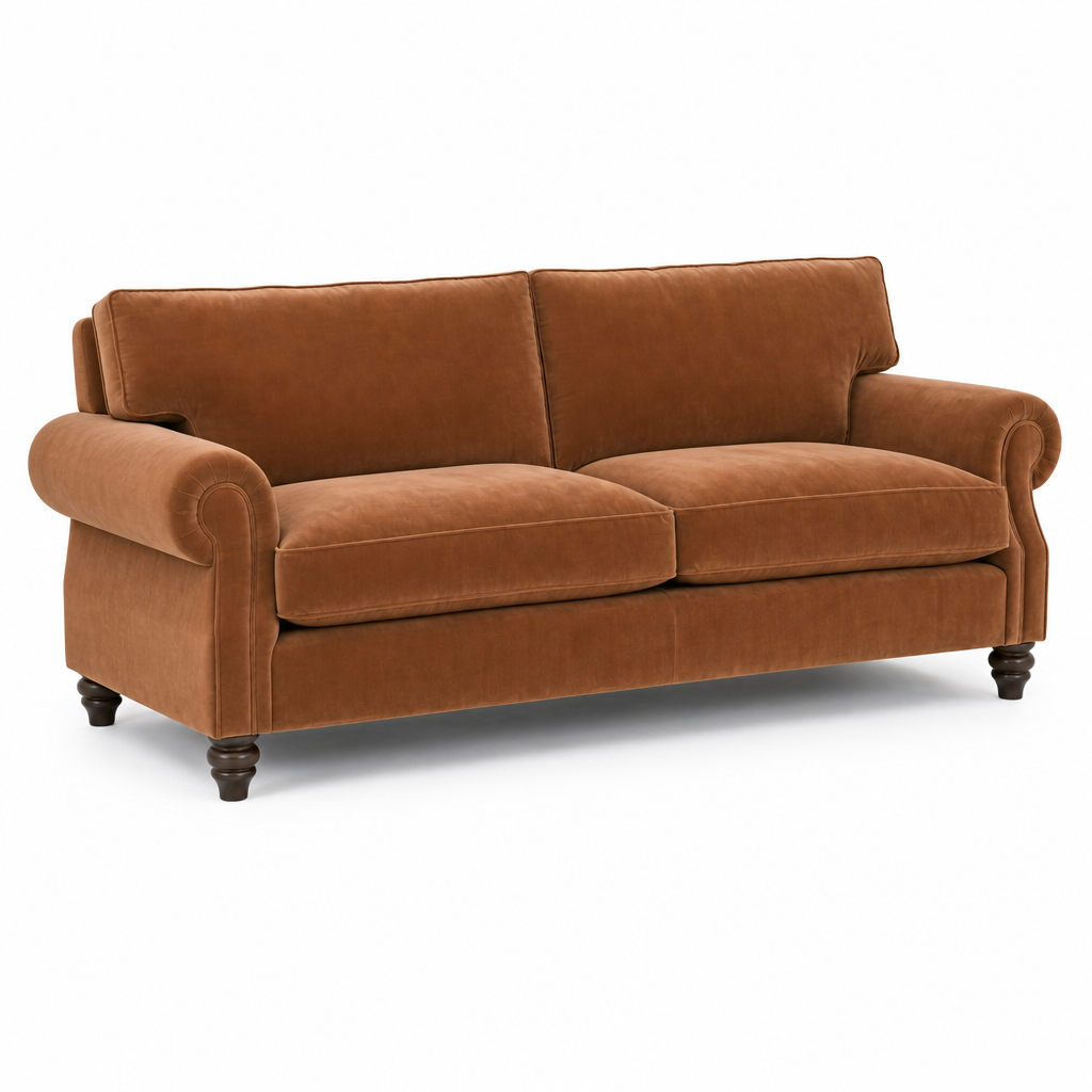 A classic two-seater loveseat sofa upholstered in warm camel brown velvet, featuring rolled arms, deep seat cushions, and dark turned wood legs, shown against a plain white background.