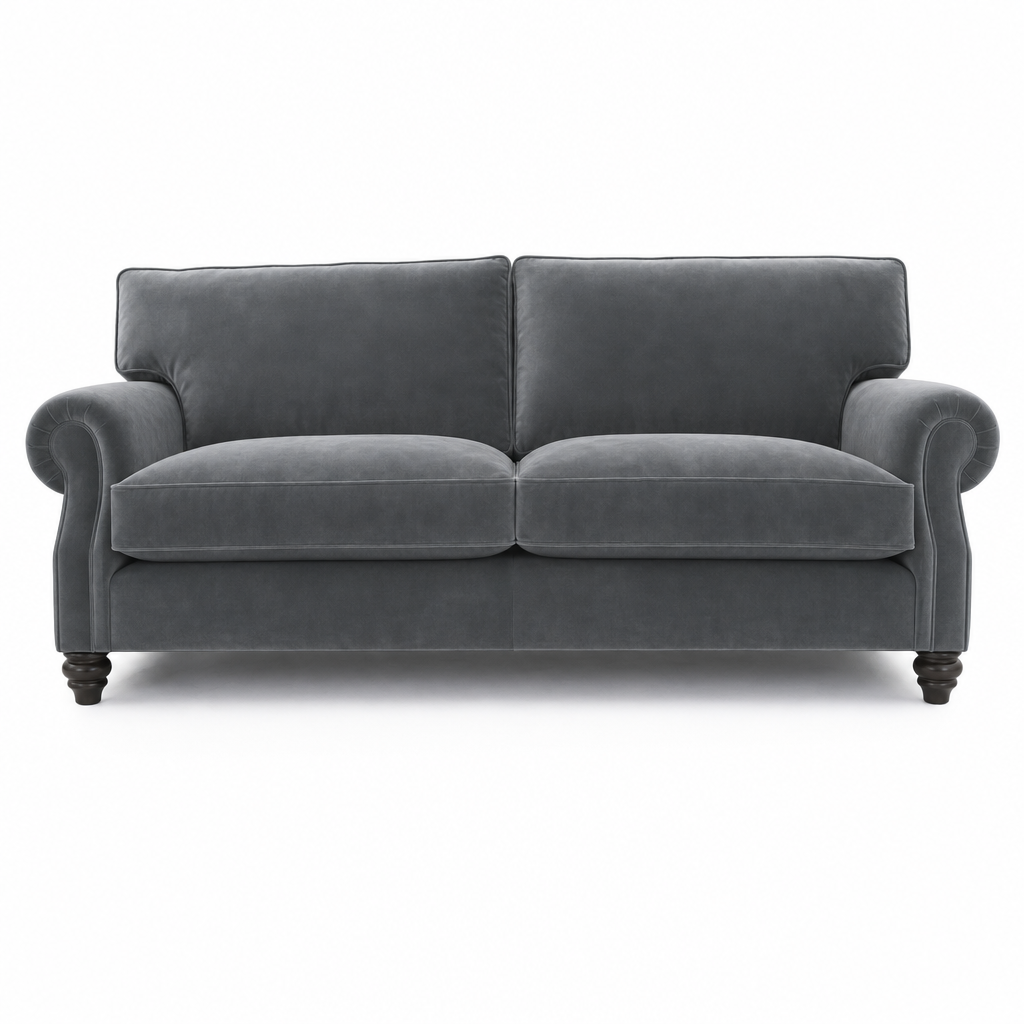A dark gray velvet loveseat sofa with rolled arms and dark wooden turned legs, shown from a front-facing perspective on a white background.