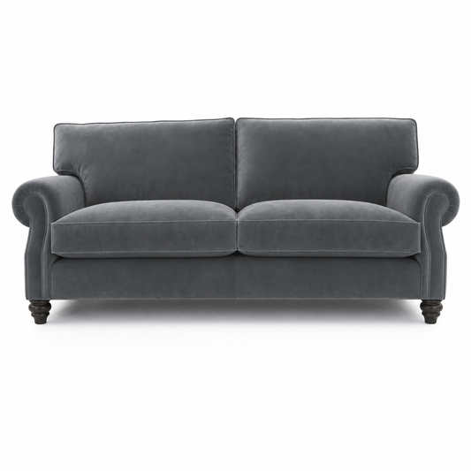 A dark gray velvet loveseat sofa with rolled arms and dark wooden turned legs, shown from a front-facing perspective on a white background.