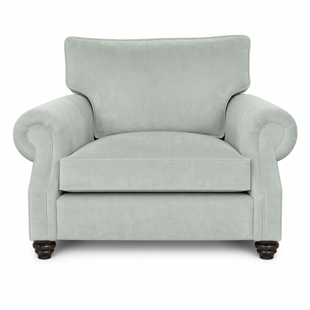 A classic upholstered armchair in a light sage green fabric, featuring rolled arms, a high backrest, and dark wooden feet, shown against a plain white background.