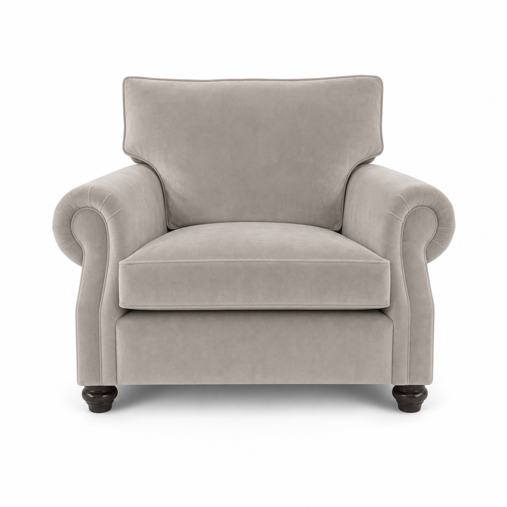 A classic upholstered armchair in light gray fabric, featuring rolled arms, a high back, and dark wooden legs, shown against a plain white background.