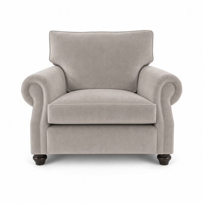 A classic upholstered armchair in light gray fabric, featuring rolled arms, a high back, and dark wooden legs, shown against a plain white background.